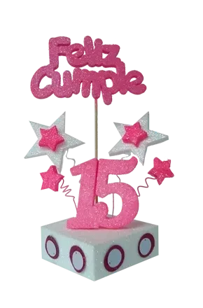 adorno torta escenografia con numero y estrella grande feliz cumple (mrg) 15 chicle y blanco