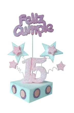 adorno torta escenografia con numero y estrella grande feliz cumple (mrg) 15 rosa y blanco