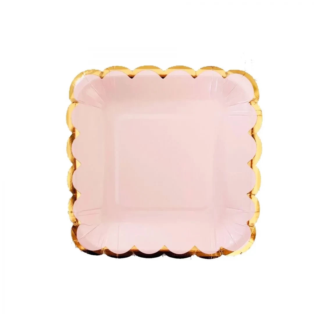 plato cuadrado onda rosa pastel (gold)