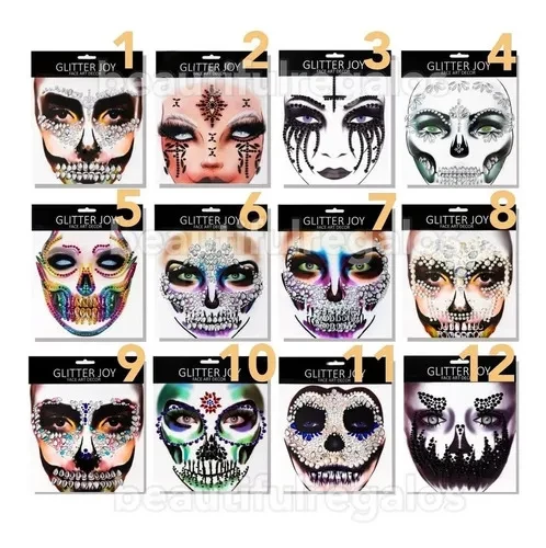 cristales autoadhesivos rostro calavera halloween x 12 u mod. surtidos - y205-9 (lowcost) 