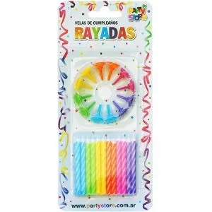 velas rayadas multicolores c/12 bases - blister x 24 u (rr)