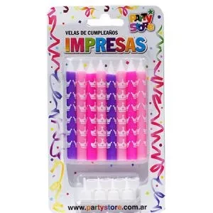 velas impresas violetas magentas y rosas c/ corona - bl x 8u (rr)