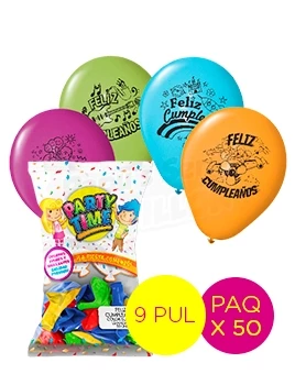 globos latex std 9 pul impreso surtido feliz cumple partytime 55813 paq x 50 (pser-def)