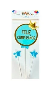 cake topper feliz cumpleanos circular corona dorada/corazon/estrella pvc celeste x12u - 0662-10 (low-def)