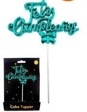 cake topper feliz cumpleanos cursiva 3d con mono pack x 12 blister turquesa -d04 (low-def)