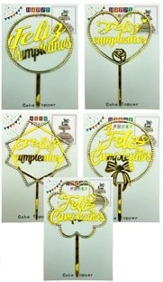 cake topper acrilico con strass feliz cumpleanos modelos surtidos dorado