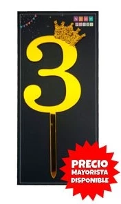 cake topper con coronita 11cm dorado numero 3