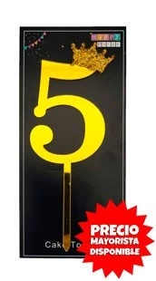 cake topper con coronita 11cm dorado numero 5