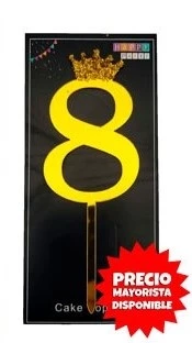 cake topper con coronita 11cm dorado numero 8