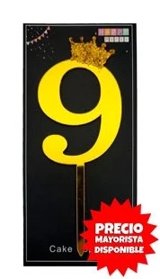 cake topper con coronita 11cm dorado numero 9