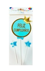 cake topper feliz cumpleanos circular corona dorada/corazon/estrella pvc celeste