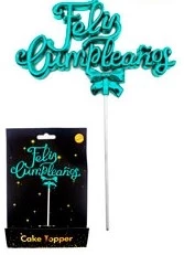 cake topper feliz cumpleanos cursiva 3d con mono turquesa