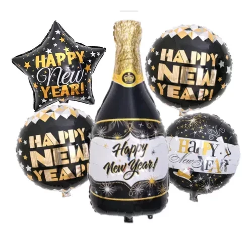 set de globos mylar 5u (1 central y 4 de 18") (qt) happy new year