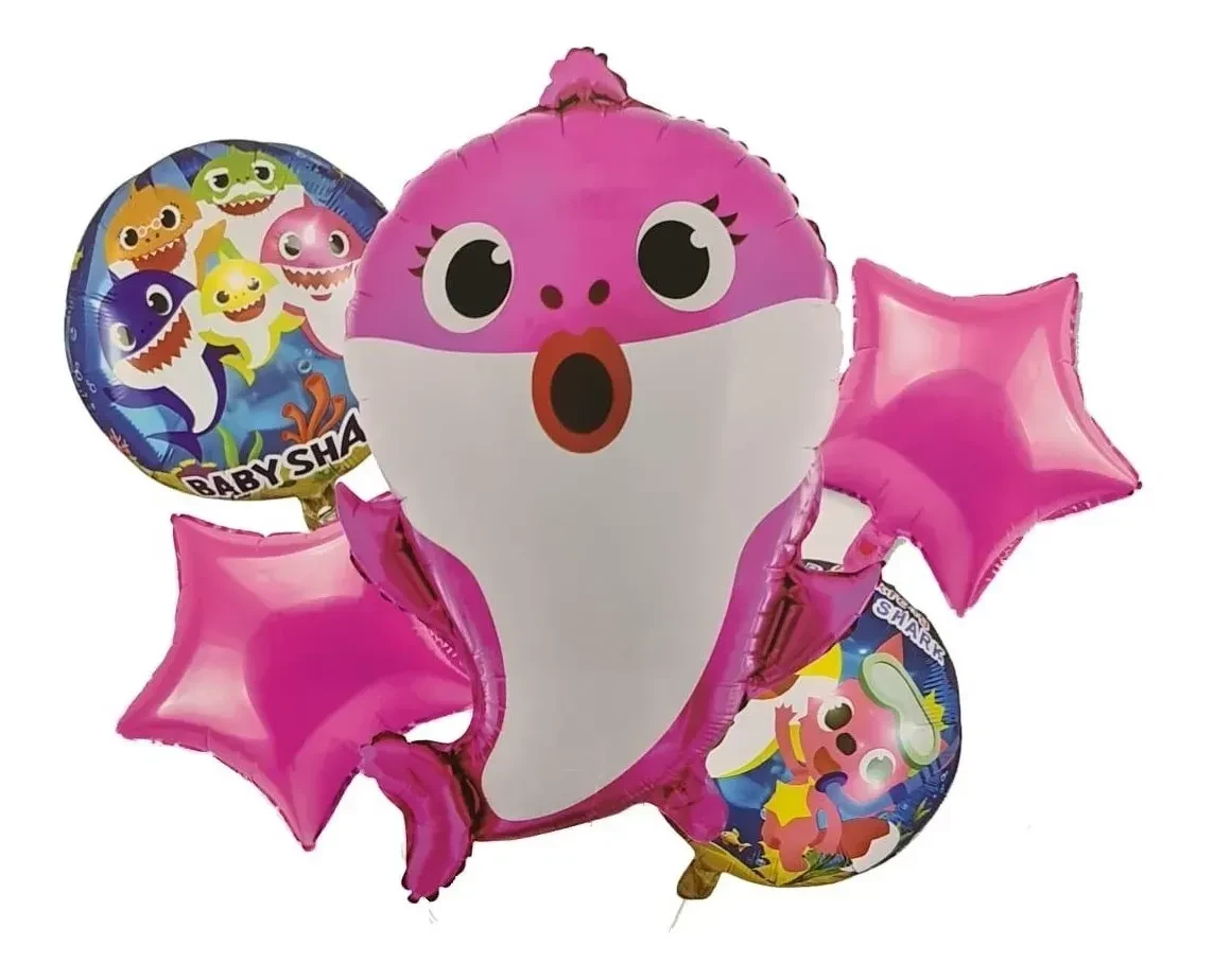 set de globos mylar 5u (1 central y 4 de 18") (qt) baby shark