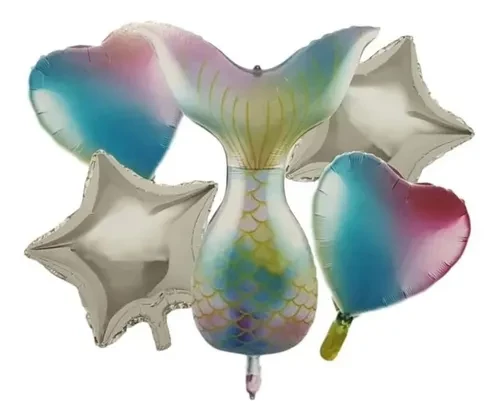 set de globos mylar 5u (1 central y 4 de 18") (qt) cola sirena