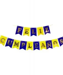 banderin feliz cumple azul y amarillo (gold)