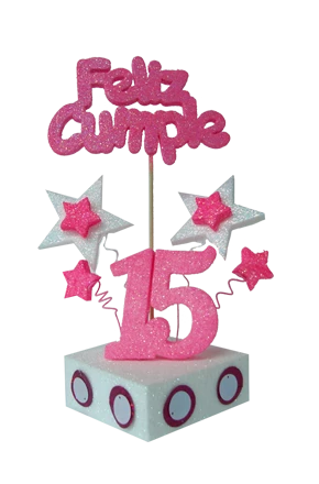 escenografia con numero y estrella grande feliz cumple 15 anos chicle y blanco