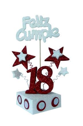 escenografia con numero y estrella grande feliz cumple 18 anos rojo y blanco