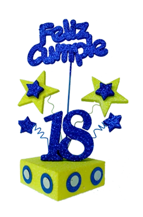 escenografia con numero y estrella grande feliz cumple 18 anos amarillo y azul