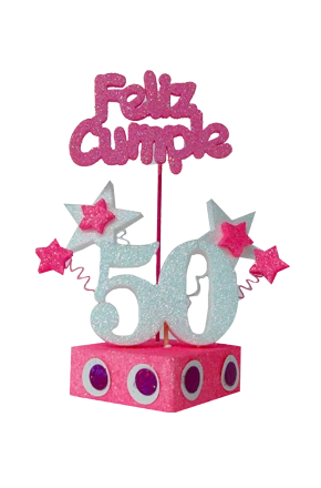 escenografia con numero y estrella grande feliz cumple 50 anos chicle con blanco