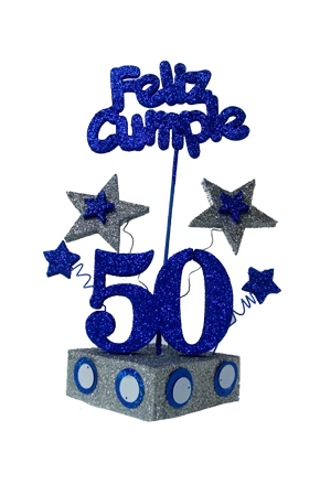 escenografia con numero y estrella grande feliz cumple 50 anos azul con plata